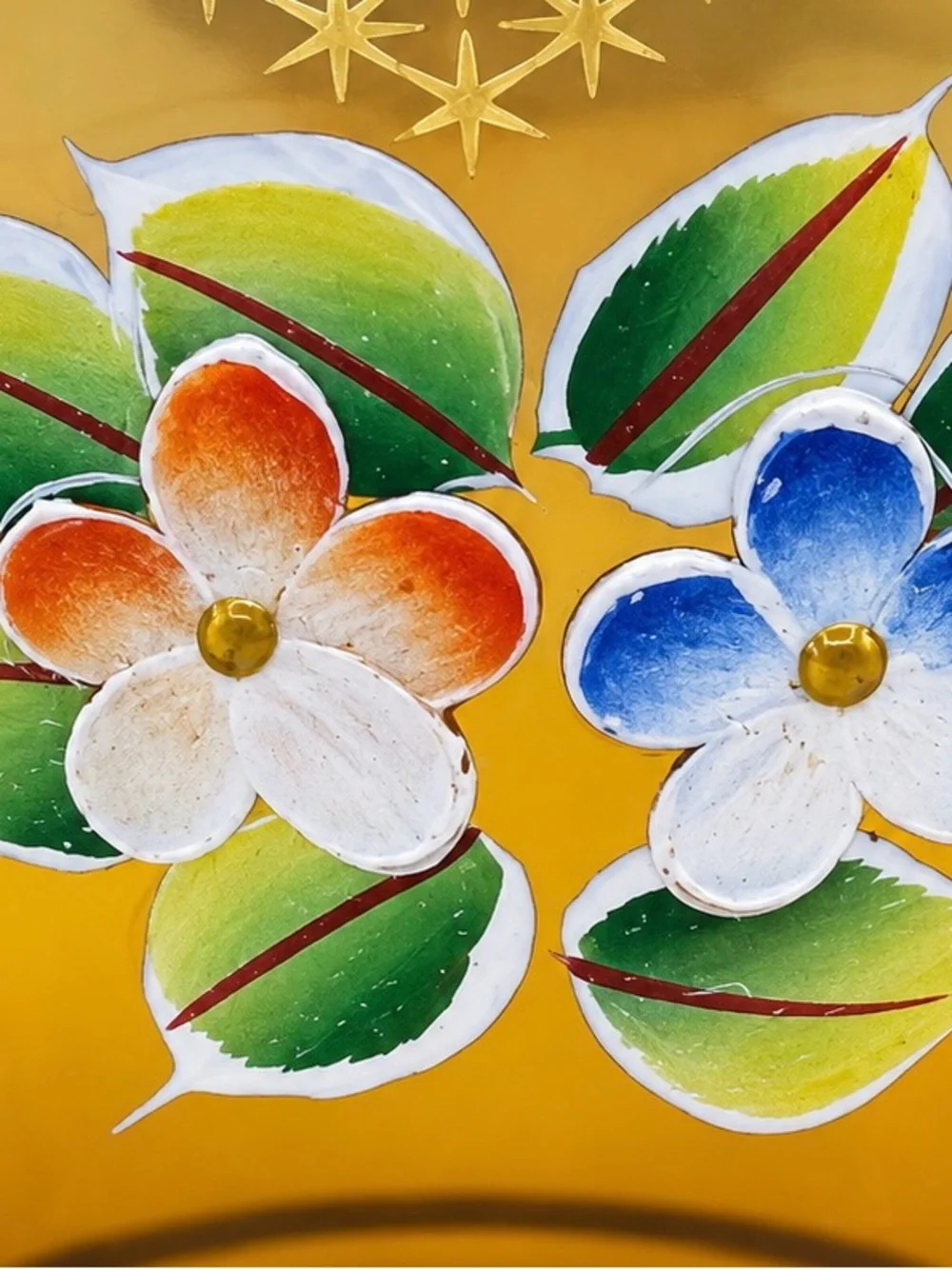 Vintage Bohemian Amber Glass Bud Vase Hand-Painted Floral Gold Trim 5.6”
